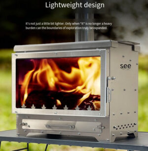 Portable folding wood-burning stove for outdoor camping, suitable for heating tents, roasting and boiling tea. Made of stainless steel.